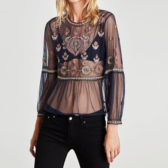 Zara Tops - Zara Sheer Mesh Embroidered Navy Blouse Size XS